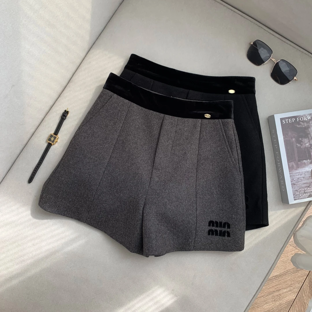 【南油子宸】秋冬高腰毛呢短裤气质灰色时尚显瘦阔腿裤防走光800280