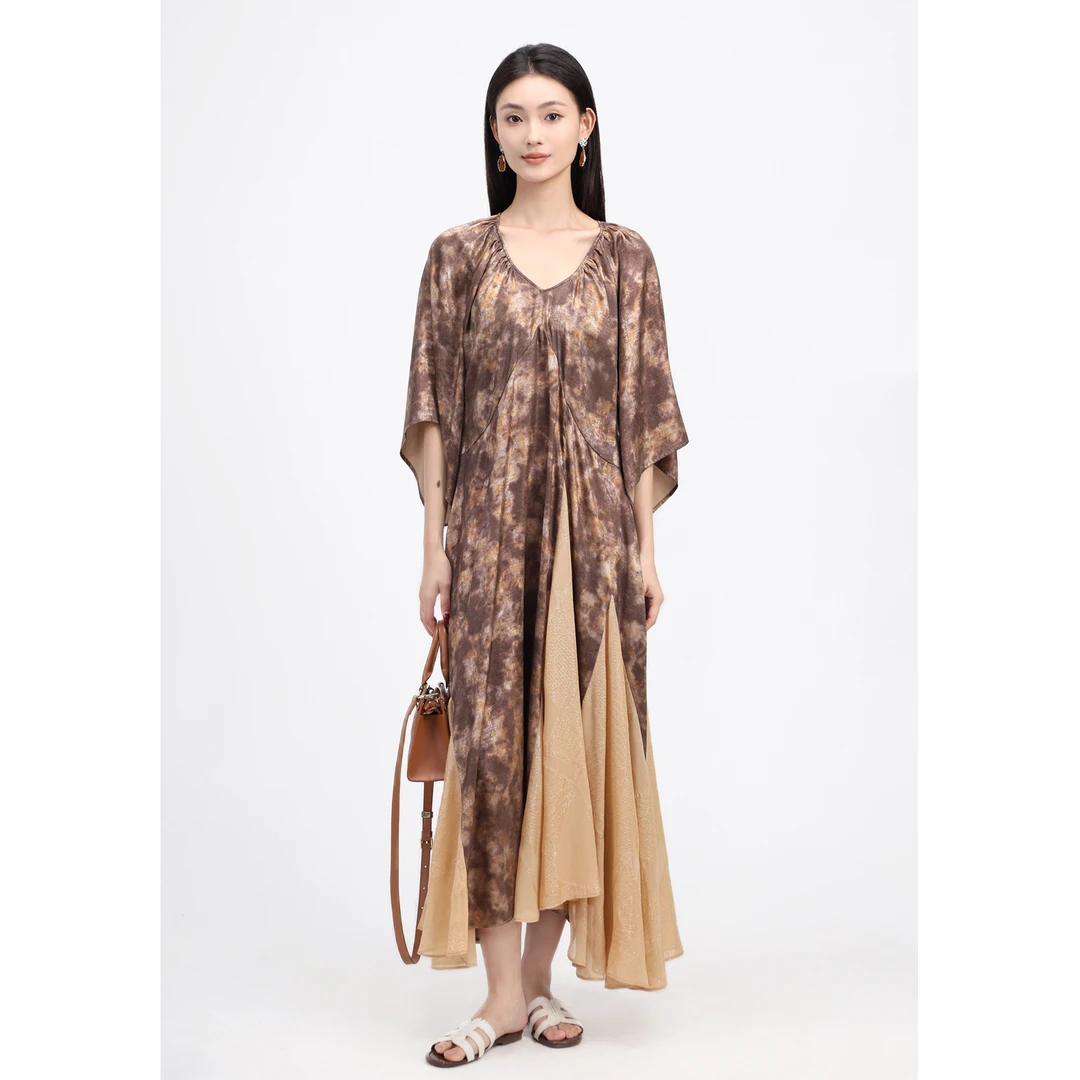矝羽轩【晚意】怀余系列 新中式棕色圆领A摆连衣裙