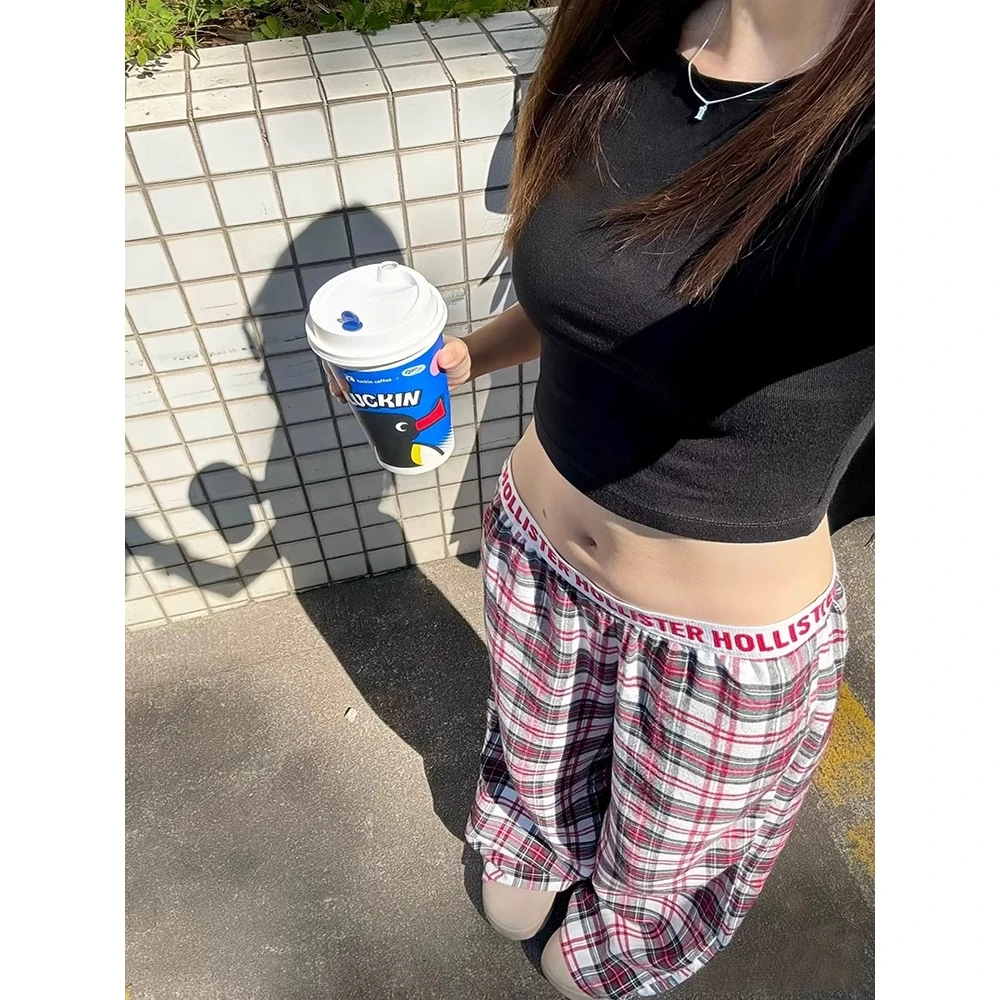 韩版海鸥格纹睡裤女2025夏季新款中腰宽松复古格子裤家居遛弯外裤