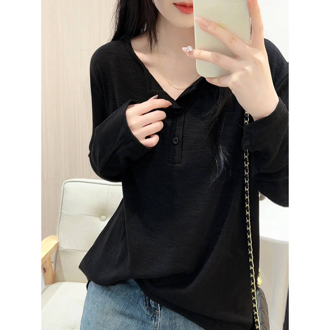 黑色半开领长袖T恤女秋季竹节棉圆领宽松休闲简约遮肉慵懒风上衣