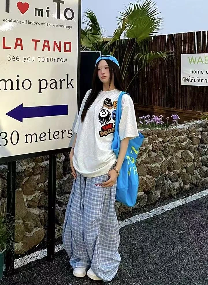 EVE（1406#）美式复古蓝色弯刀格子宽松韩系休闲裤【裤长103】