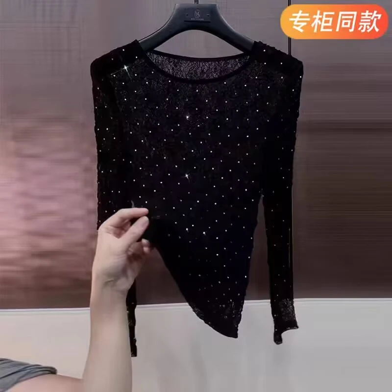 镂空镶钻网纱上衣女装内搭早秋季新款修身长袖t恤黑色蕾丝打底衫