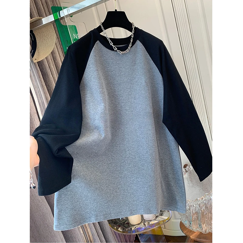 胖妹妹240斤大码韩版撞色插肩长袖磨毛打底衫女秋冬宽松休闲上衣