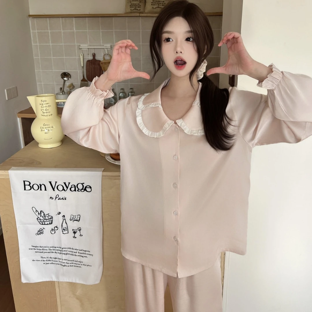 【蜜桃奶油】春季新款蕾丝娃娃领长袖长裤冰雪丝套装女ins风可爱