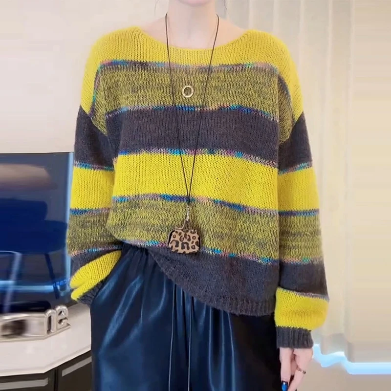 韩系减龄慵懒风撞色条纹针织女2025秋冬新款时尚保暖高级感上衣