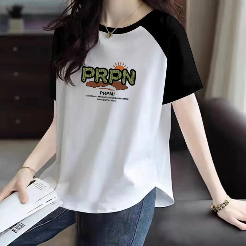 夏季新款大码宽松显瘦休闲时尚百搭拼接100%纯棉圆领短袖T恤女ins