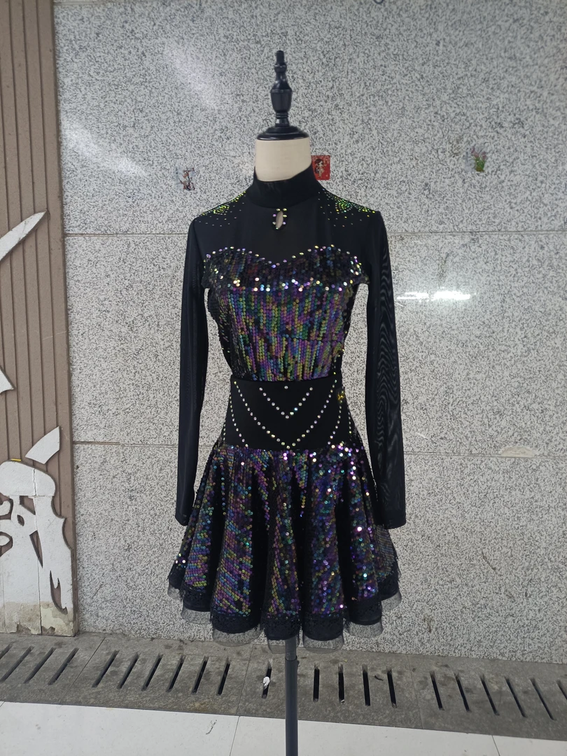 亮片网纱拼接女款镶钻连档三步踩恰恰伦巴广场舞二丫舞服可定制