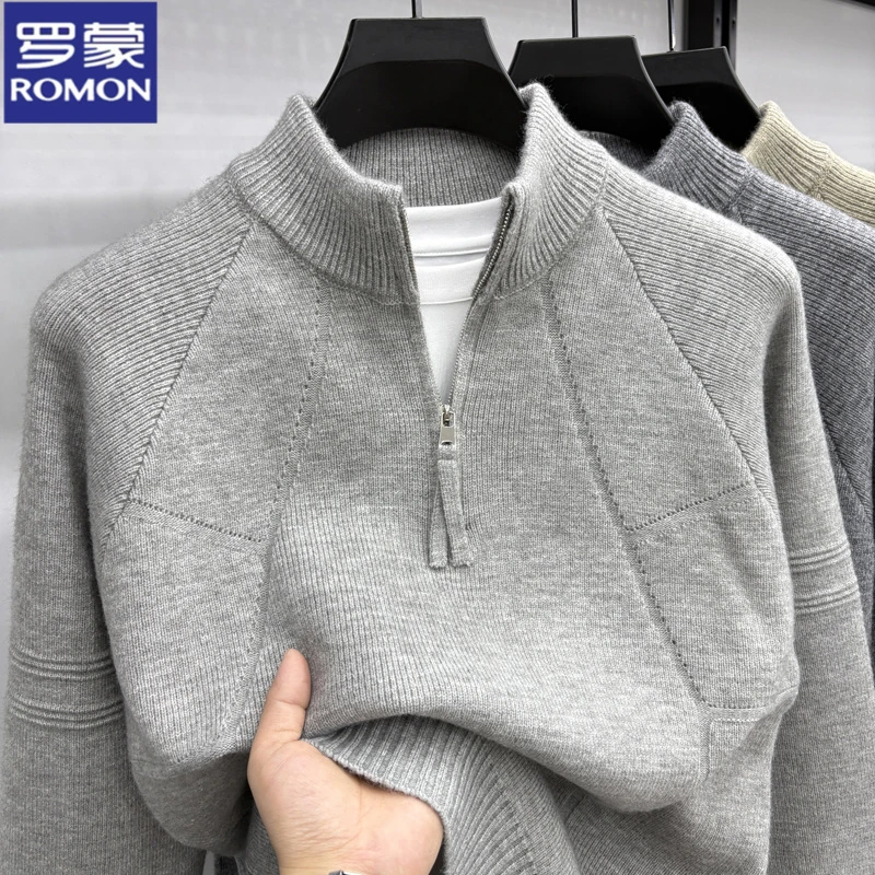 罗蒙秋冬时尚男士半拉链立领针织衫休闲百搭宽松套头保暖打底毛衣