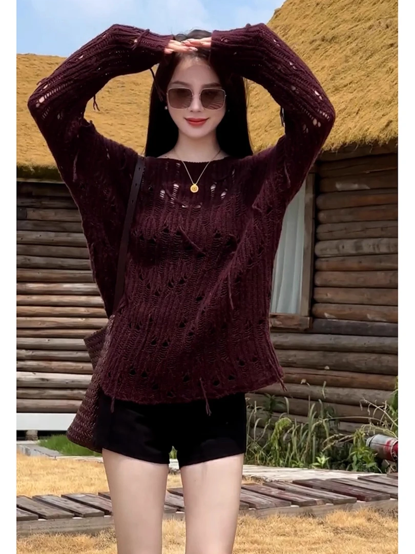 今年秋季流行法式复古气质上衣别致绝美超好看紫色针织镂空罩衫女