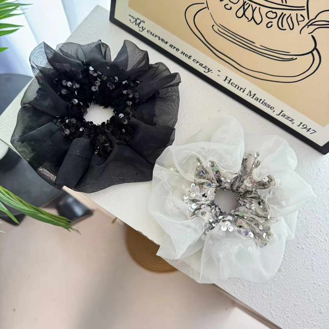 Blom韩系新款闪闪亮片网纱花边大肠发圈高级重工款酷飒风发圈511