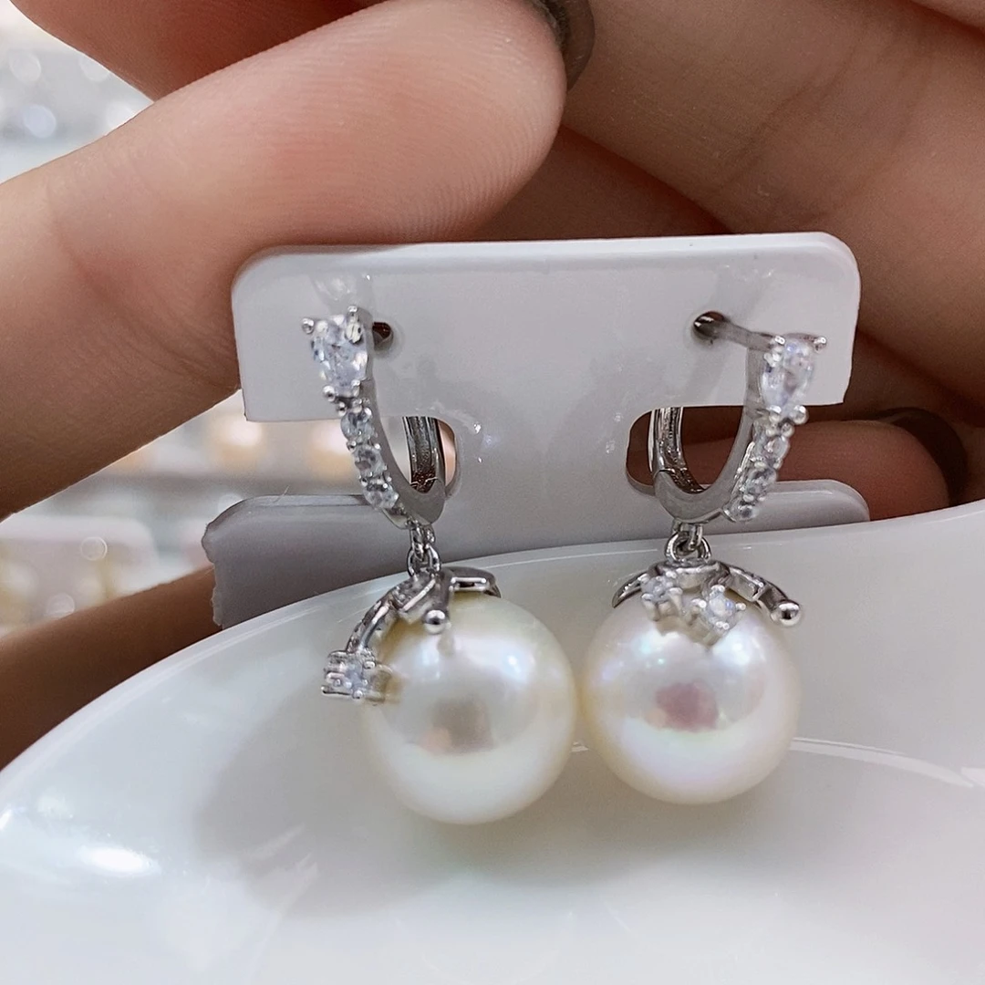 银S925镶嵌特价极光耳饰11-12m m淡水珍珠