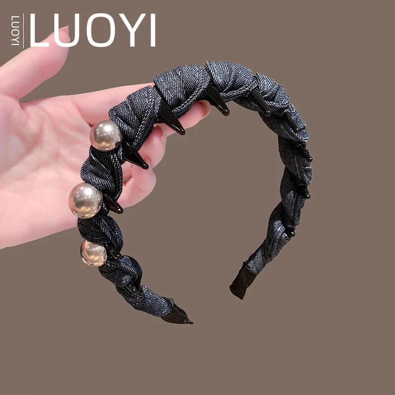 2025新款韩系牛仔发箍网红珍珠压发带齿碎发头箍女增高颅顶发饰女