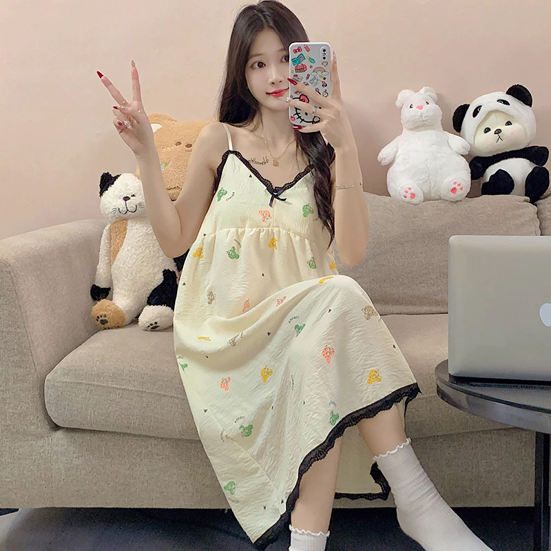 带胸垫无袖睡裙女夏季云朵棉2025新款中长款宽松甜美卡通家居服
