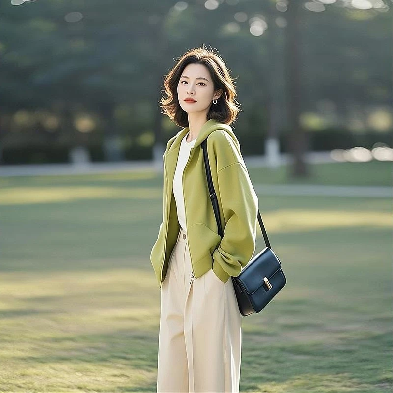绿色宽松连帽百搭卫衣外套女2025春季新款莫兰迪色穿搭高级感上衣