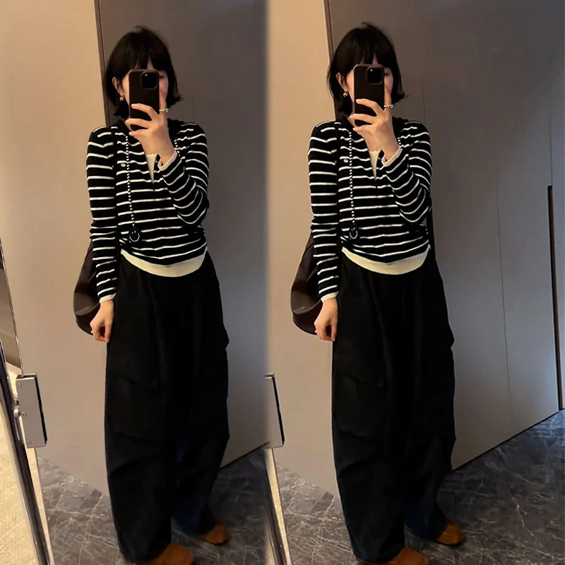 2025秋季新款设计感时尚百搭假两件上衣女搭配休闲阔腿款两件套装