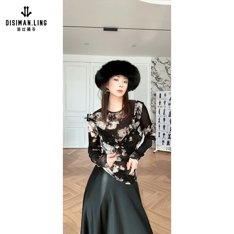 迪丝嫚苓花色长袖上衣显瘦时尚百搭气质性感印花圆领小众设计感