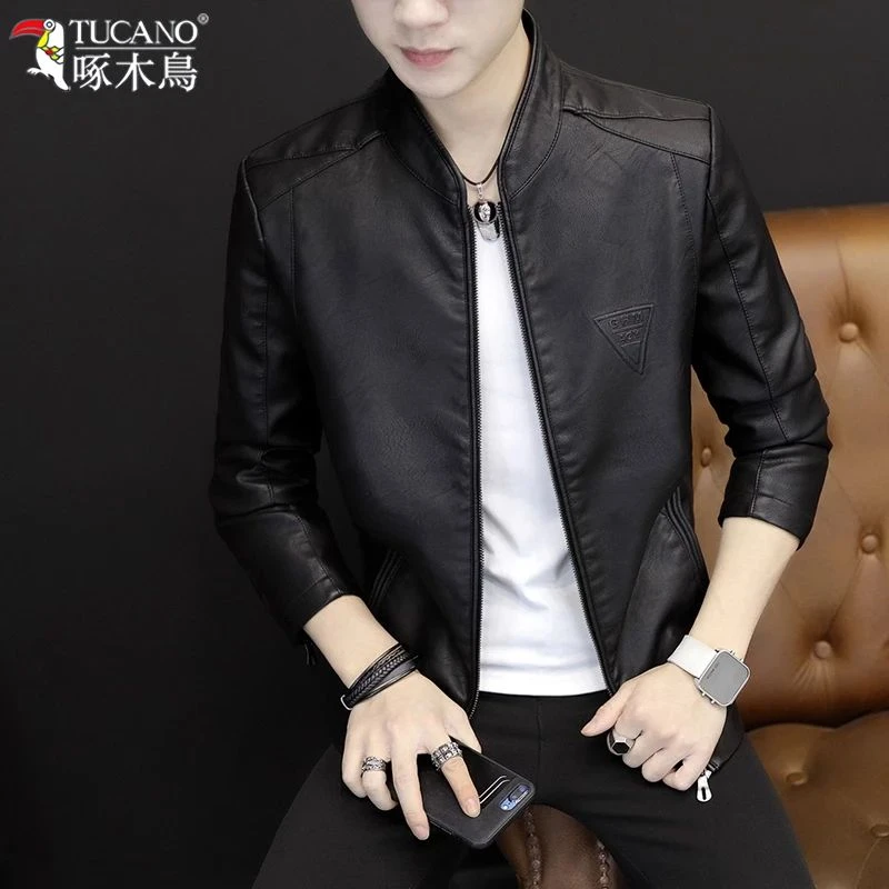 啄木鸟高档海宁皮衣男士春秋季新款韩版皮夹克加绒加厚机车服外套
