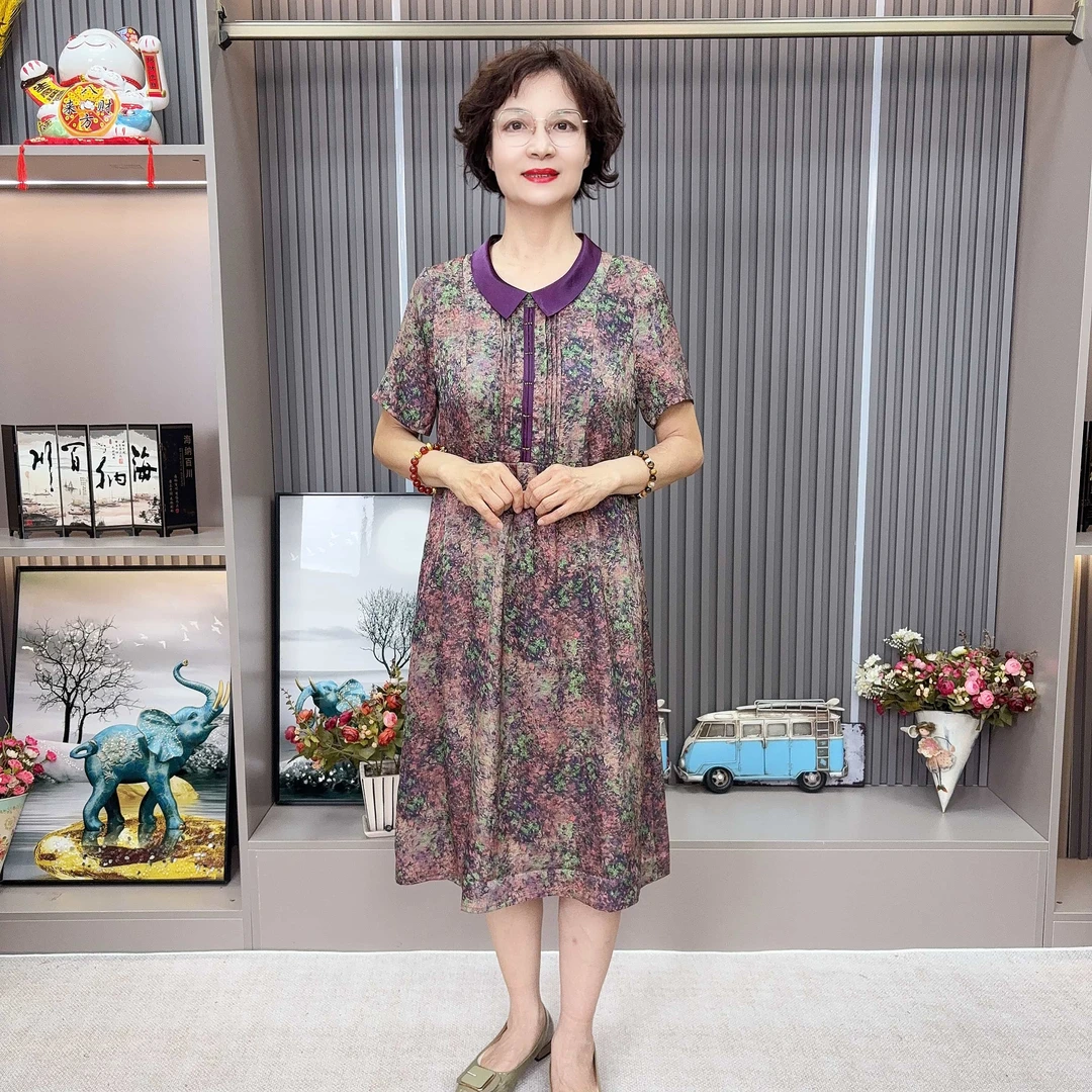 820-妈妈装中老年女装女士优雅女人娃娃领显瘦碎花连衣裙