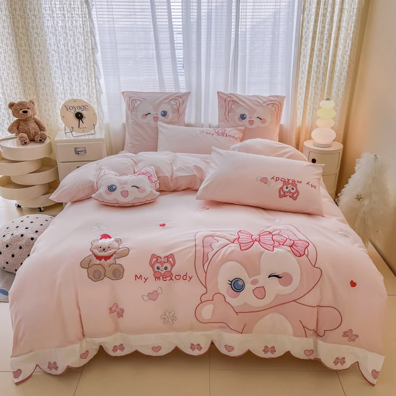 玖小希四季适用全棉女孩四件套 少女心花边刺绣被套舒适床品套件