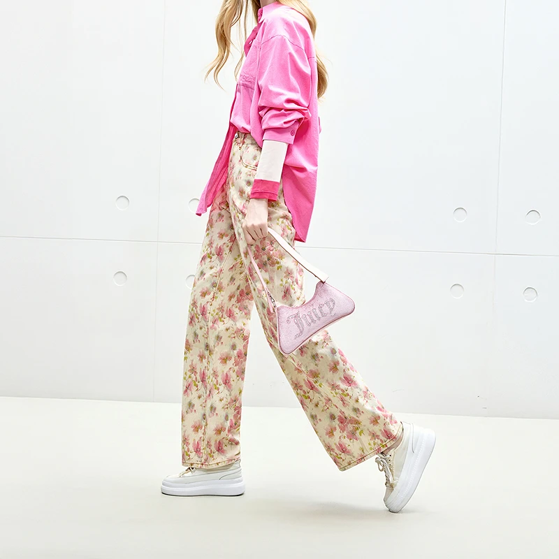 【100%棉】Juicy Couture橘滋牛仔裤女25冬季新款花朵满印宽松长裤