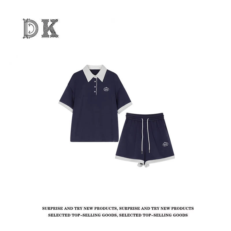 DK 2025款  撞色拼接刺绣字母短袖T恤短裤休闲两件套装 93235