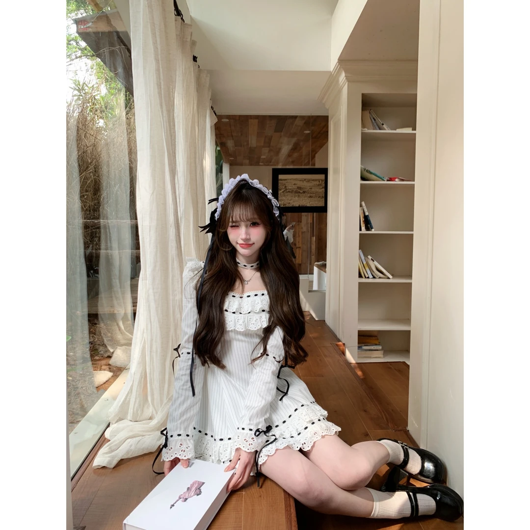 越韩小鱼 幽灵少女 甜美蝴蝶结亚文化条纹连衣裙日系小众设计短裙