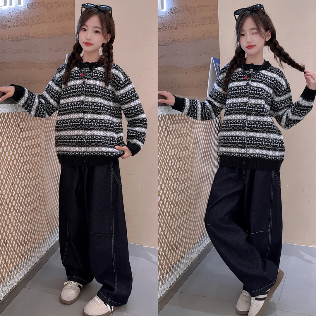 女童条纹韩版开衫毛衣套装高领时髦春秋时尚毛衣牛仔裤套装两件潮