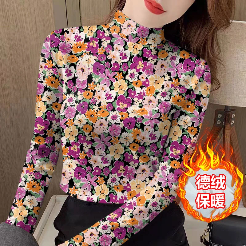 秋冬双面德绒打底衫女装半高领保暖碎花长袖修身洋气印花显瘦遮肚