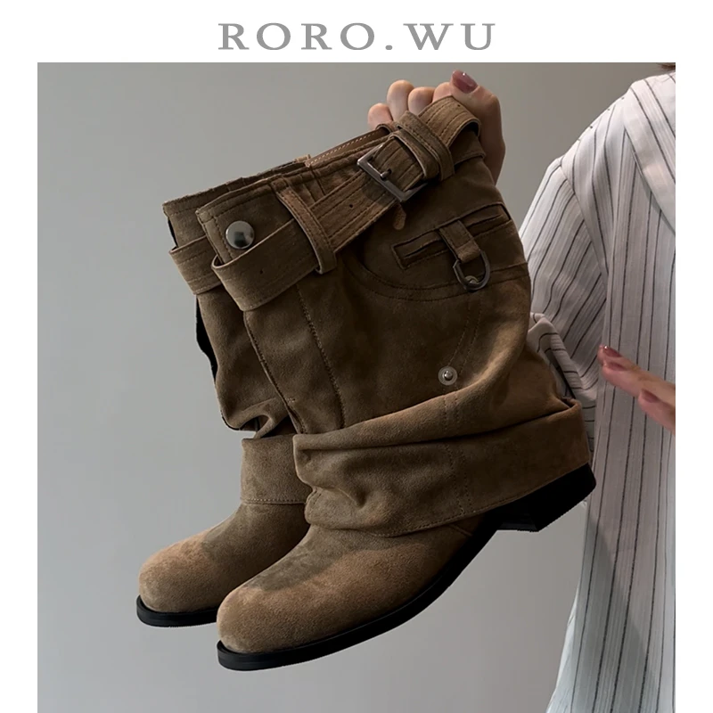 娆娆吴·绒面复古法式气质冬季扣带氛围感时尚保暖日常百搭靴X457