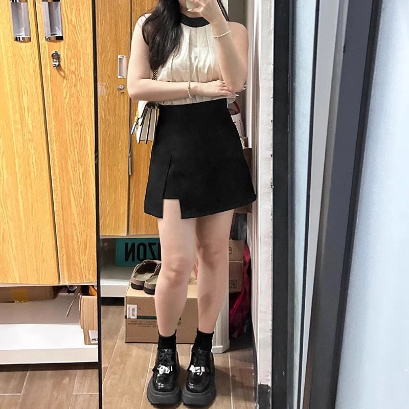 黑色开叉西装短裙女夏季大码胖mm遮肚显瘦梨形身材高腰a字半身裙