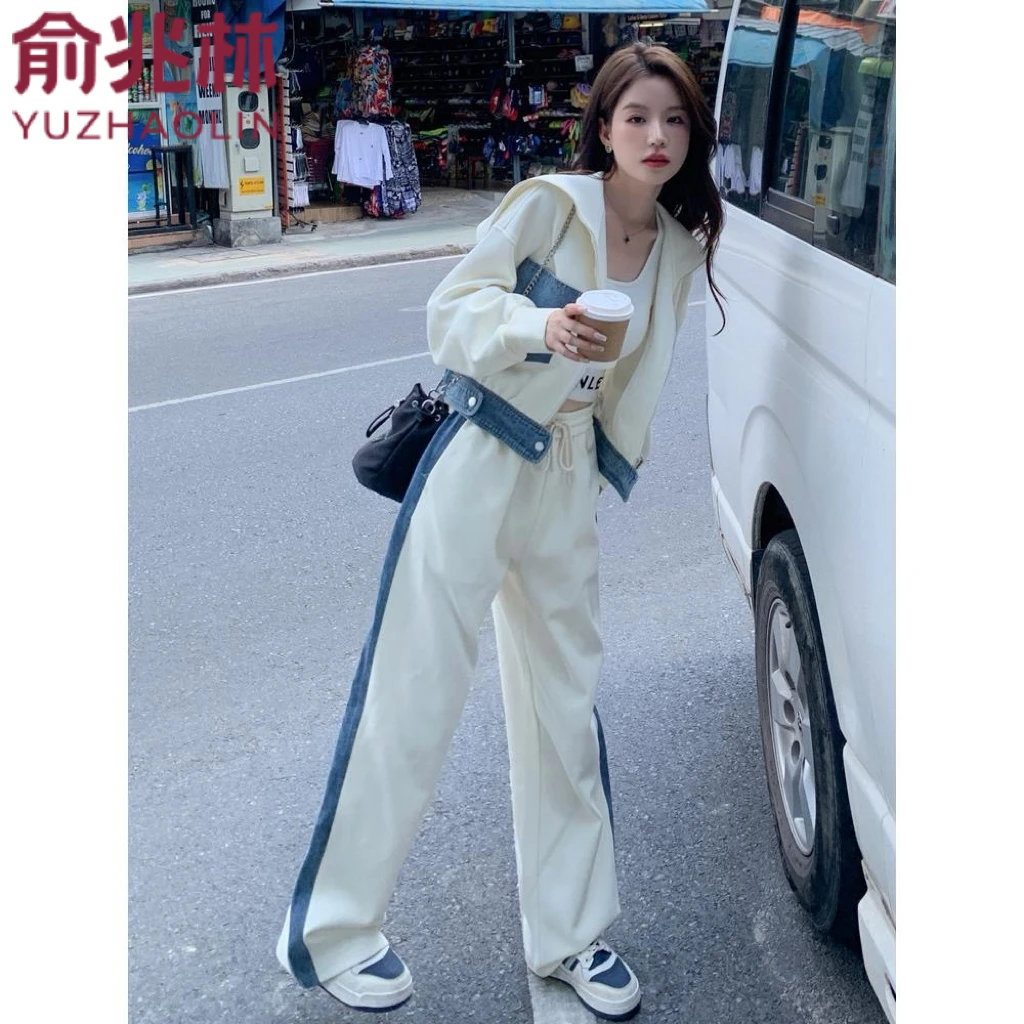 白色牛仔拼接休闲运动套装女春秋2025新款两件套流行减龄学院风