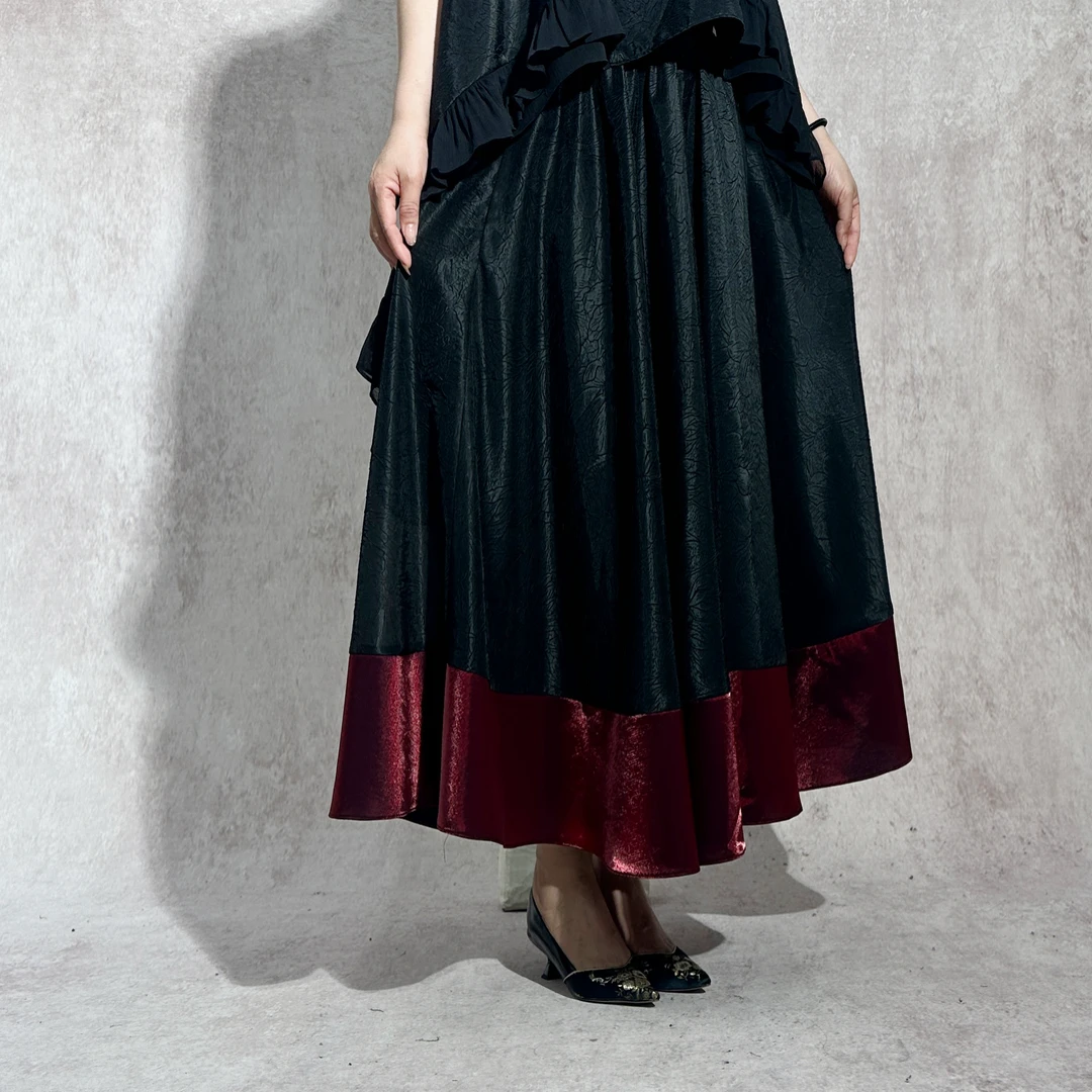 【焕夏墨晨】BF33034黑浮雕刺刺绣拼酒酒红色下摆欧根纱纱裙