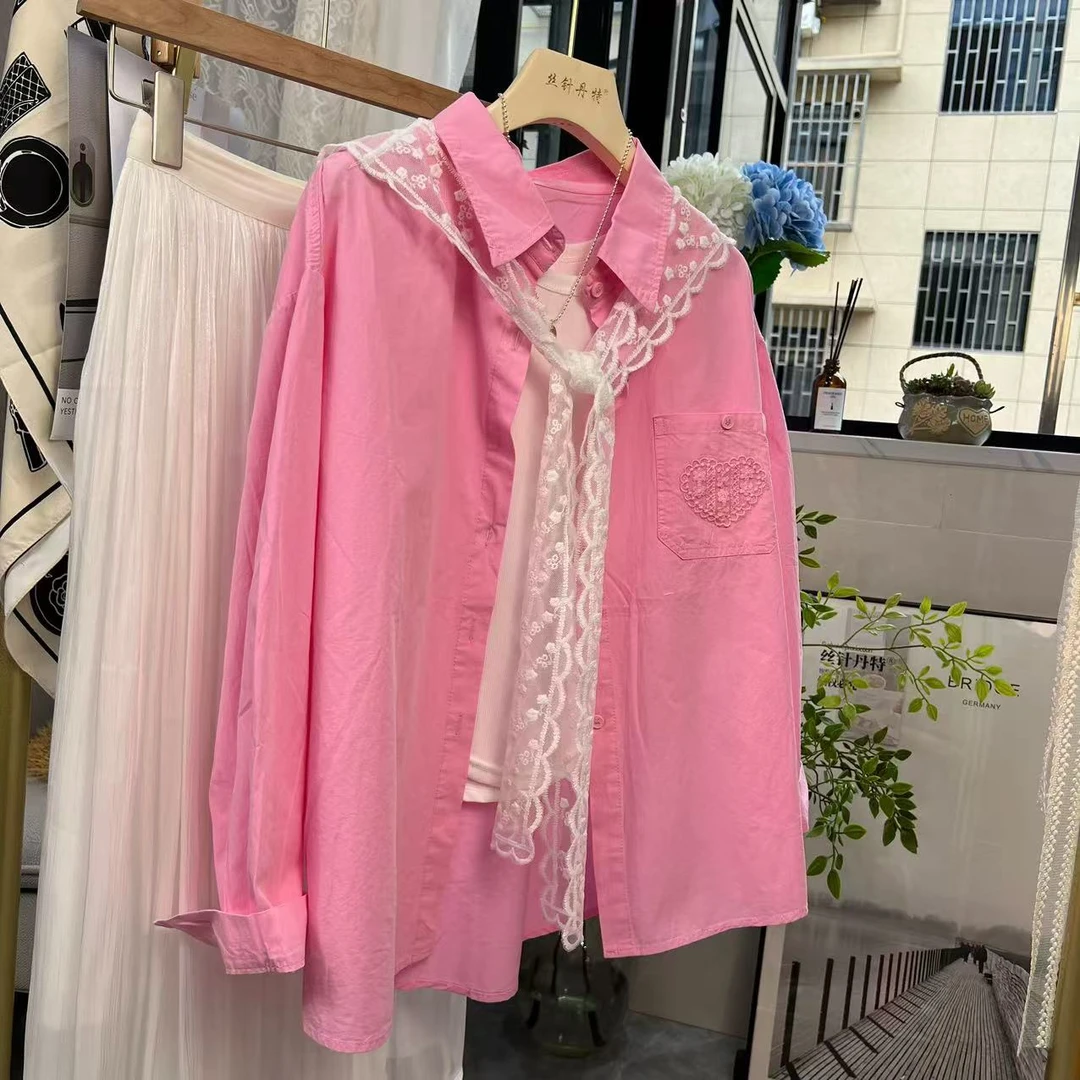 韩系甜美蕾丝拼接休闲时尚长袖衬衫女夏季新款洋气减龄高级感衬衣