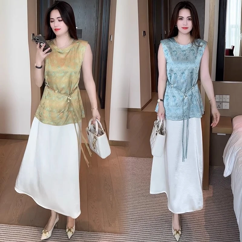 时尚气质套装裙女2025夏季新款新中式国风无袖上衣半身裙两件套潮