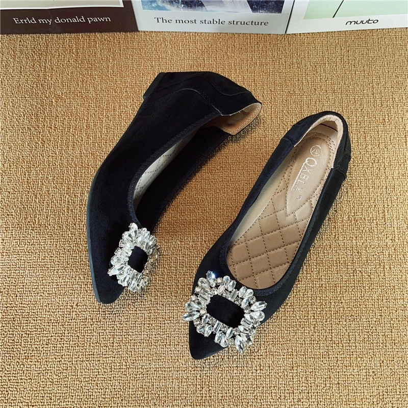 坡跟单鞋女士春秋时尚百搭增高豆豆鞋黑色水钻软底舒适上班工作鞋