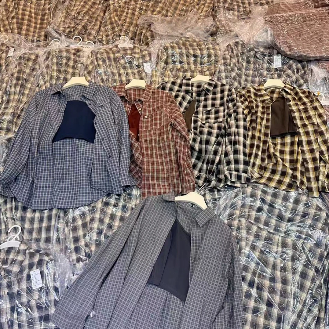 复古显白色系慵懒格子衬衫女春秋季宽松百搭长袖外套两件套