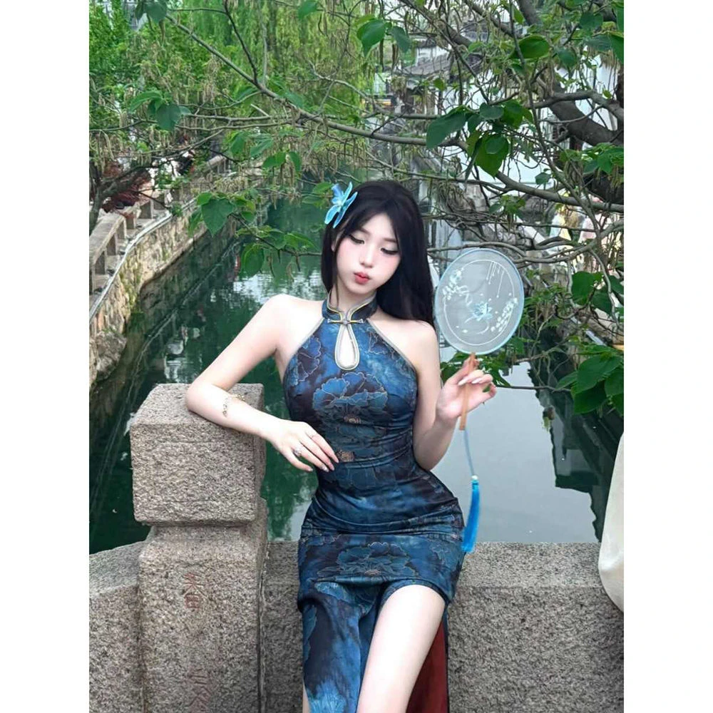 提花收腰旗袍小个子无袖新中式长款长裙印花夏季日常