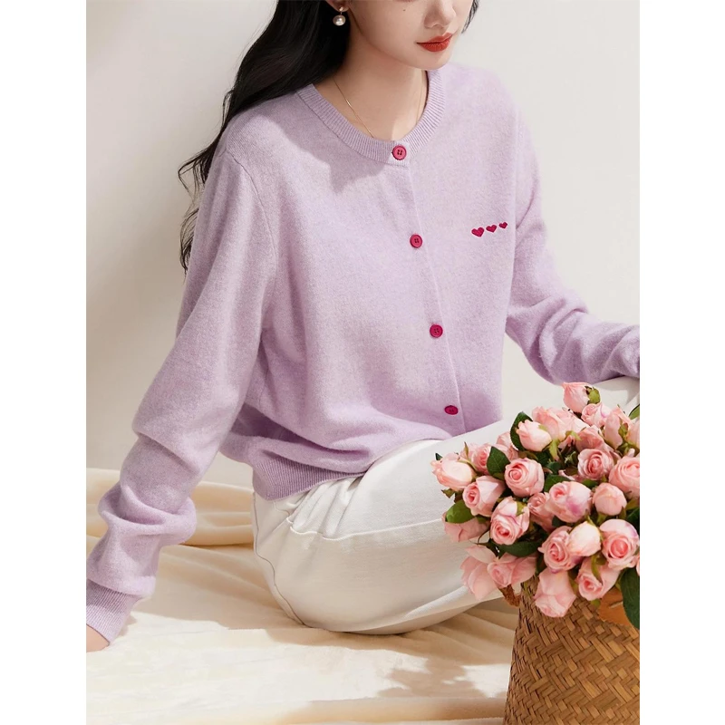 百分百绵羊毛圆领针织开衫 百搭爱心刺绣毛衣女款爆款25新款洋气