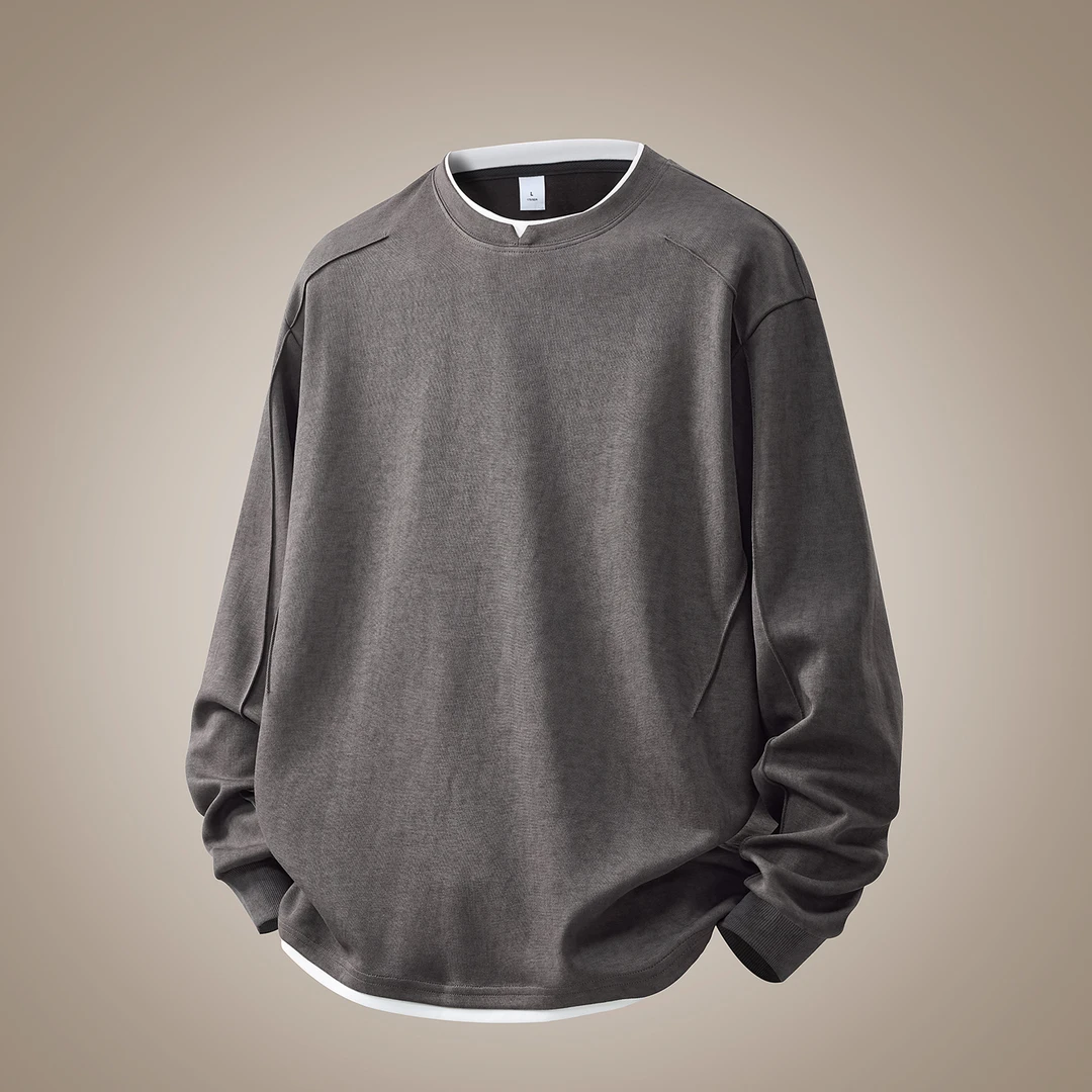 号志HAOZHI简约潮流假两件长袖卫衣男士秋季新款美式宽松打底T恤