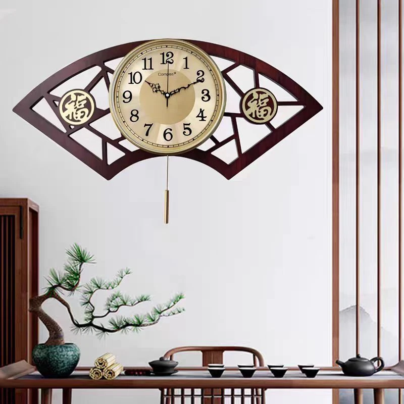 Compas/康巴絲木制挂钟客厅静音石英钟新中式古典时钟石英钟扇形