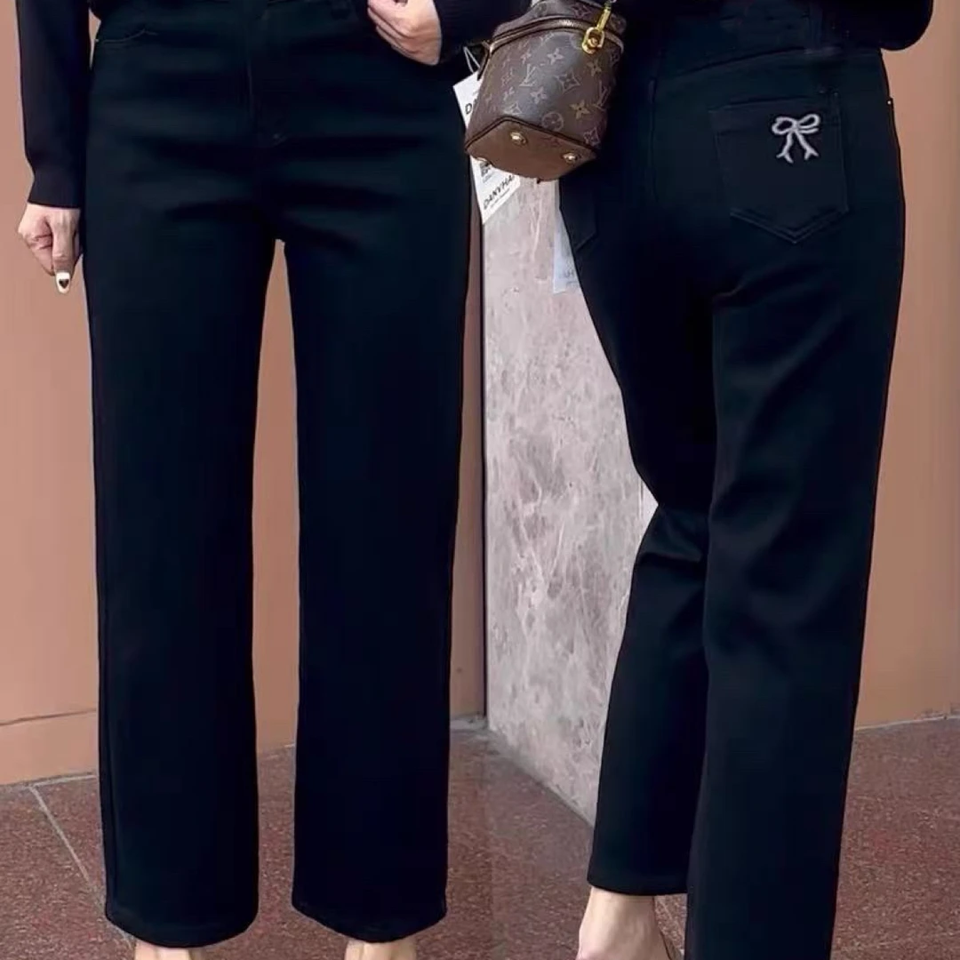 1820黑色高腰弹加绒女2025年秋冬修身显瘦九分烟管裤子