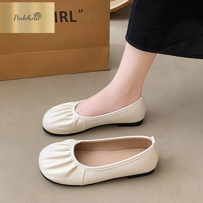 PinkAvril软底褶皱豆豆鞋女秋季新款浅口一脚蹬平底防滑孕妇玛丽