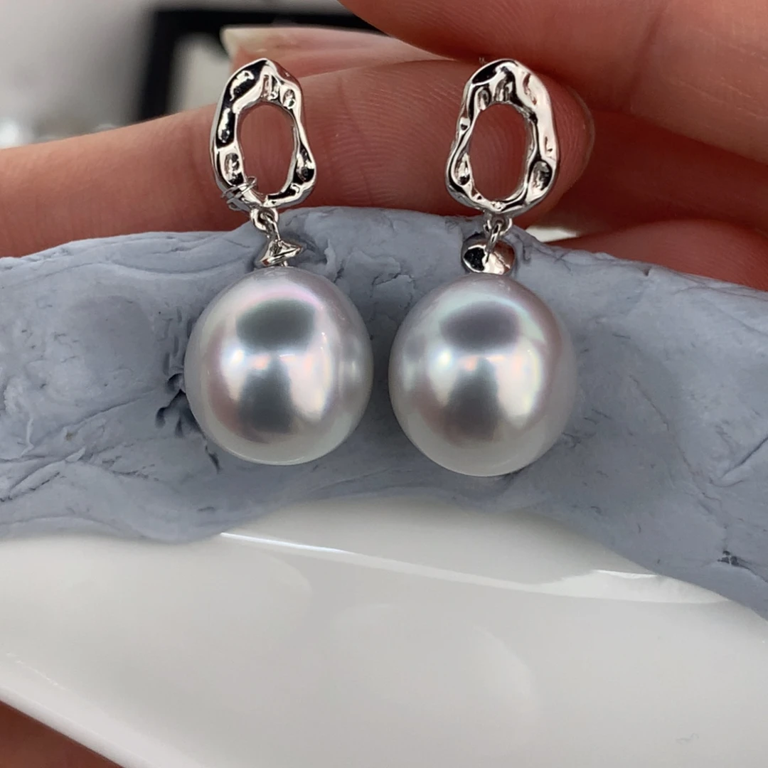 定制海水珍珠18K金镶嵌耳饰11-12mm银蓝澳白两颗