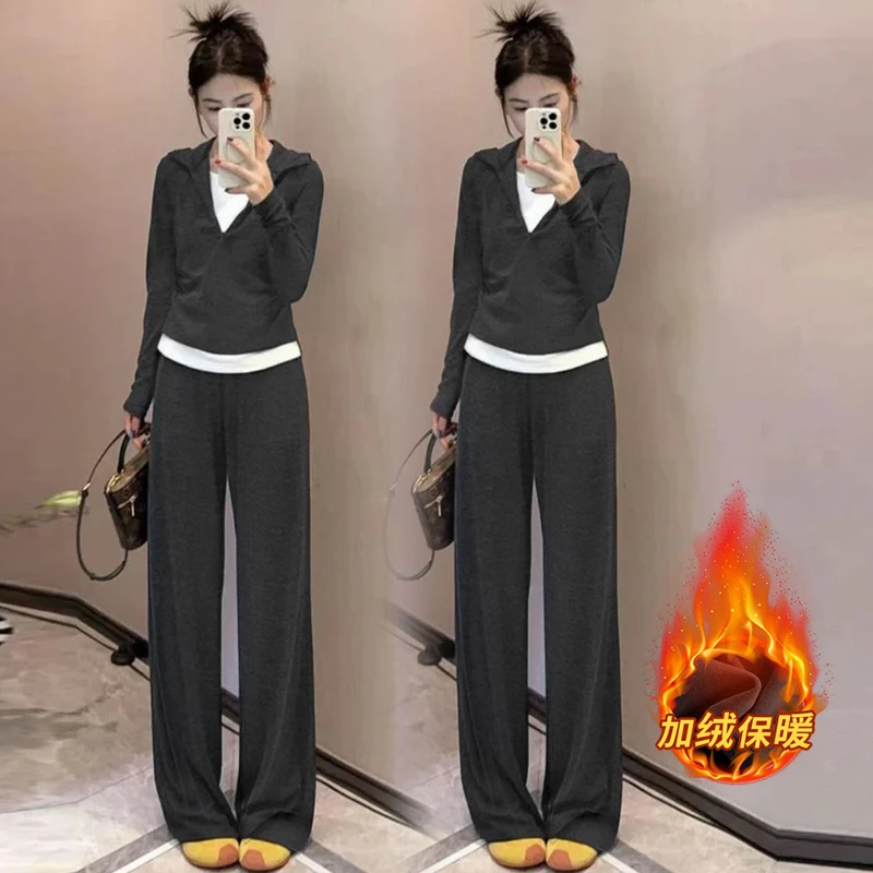 【现货+运费补贴】 加绒加厚时尚休闲套装秋冬连帽卫衣裤子两件套