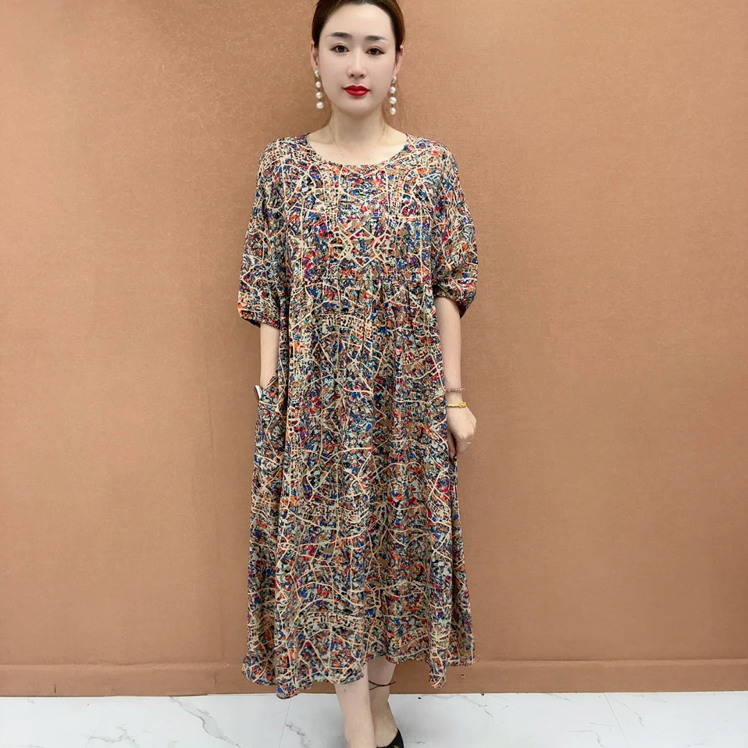 夏季新款圆领碎花石头纹宽松显瘦百搭印花短袖连衣裙