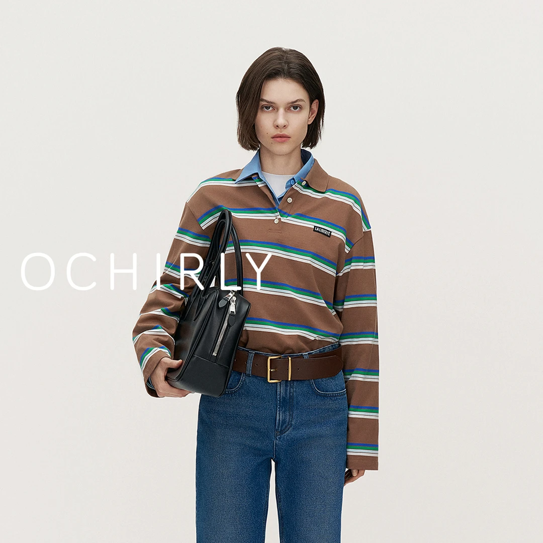 OCHIRLY欧时力100%棉条纹Polo领t恤女中长宽松复古秋冬新品