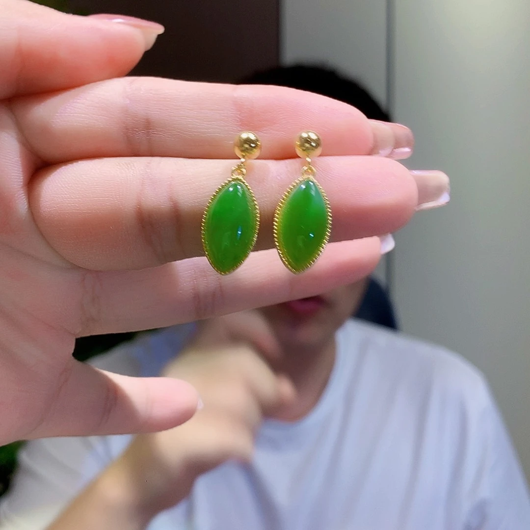 和田玉（碧玉）银S925镀金镶嵌耳饰