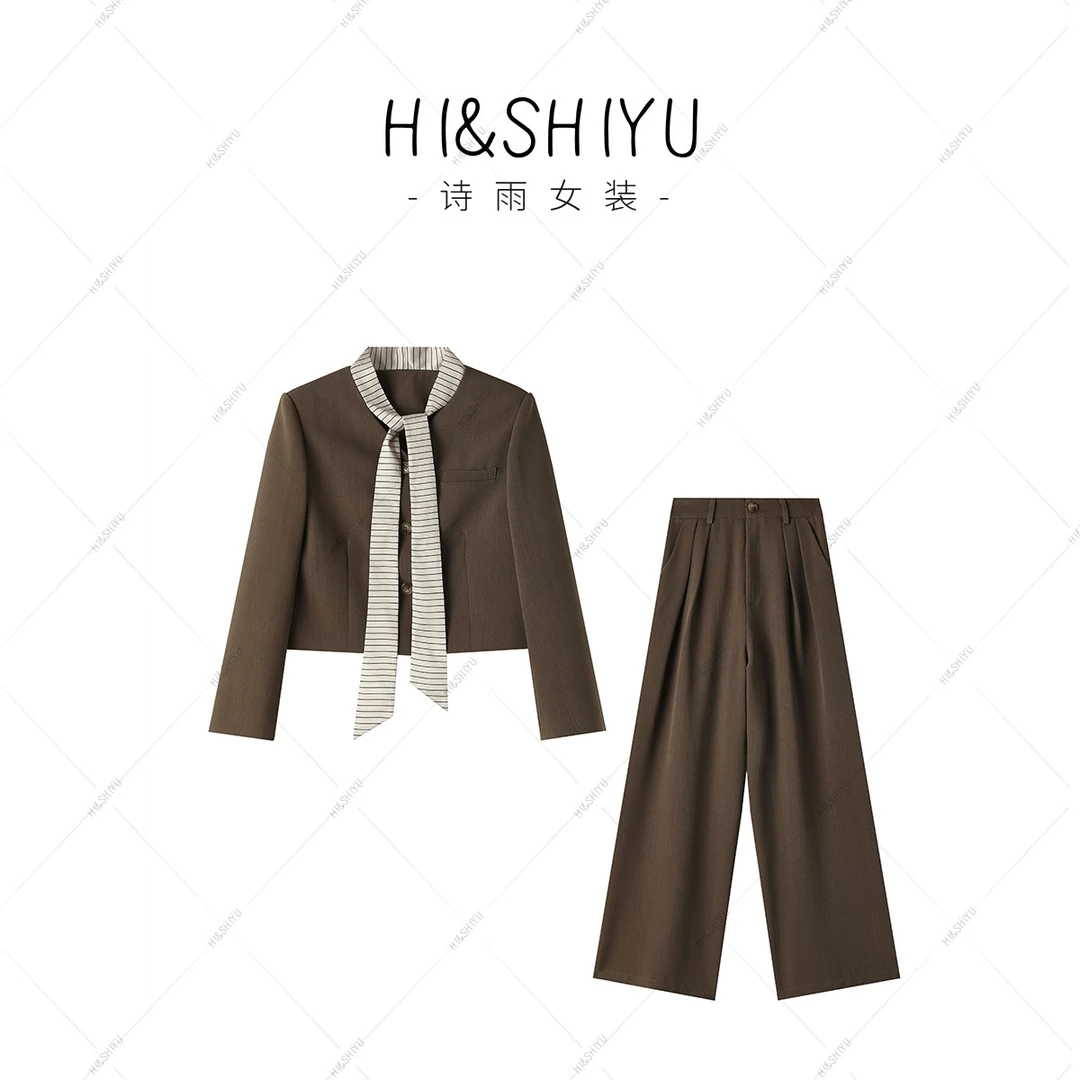 HISHIYU【时光岛屿】秋季西装领带设计时尚长袖外套直筒裤套装XT755