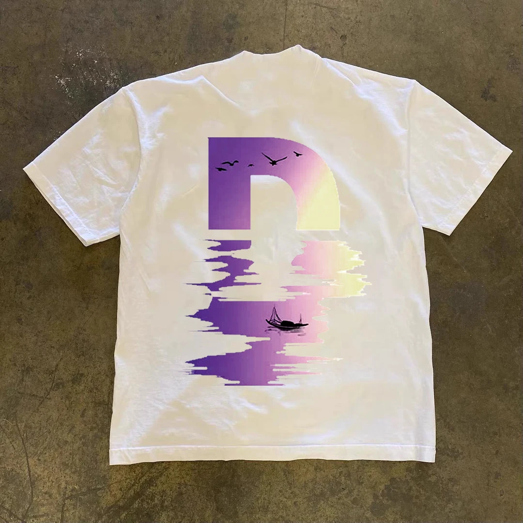 潮牌小众设计感渐变字母印花纯棉短袖T恤男夏季宽松圆领百搭半袖