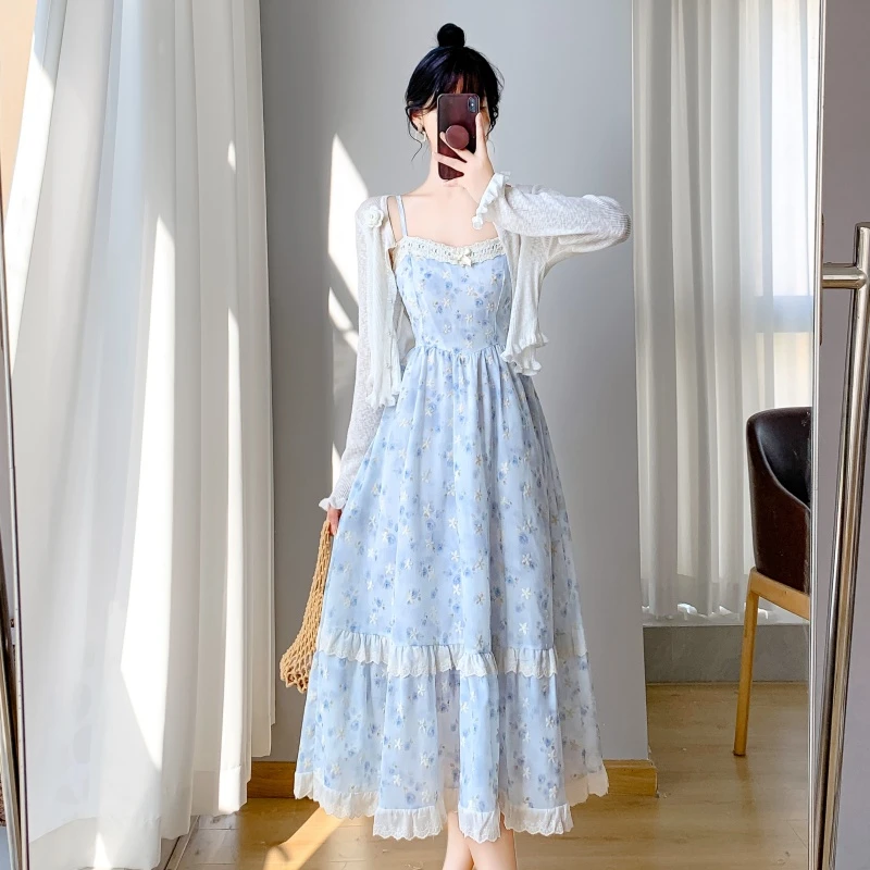 重工刺绣碎花蛋糕吊带裙子女夏法式收腰中长款小清新荷叶边连衣裙